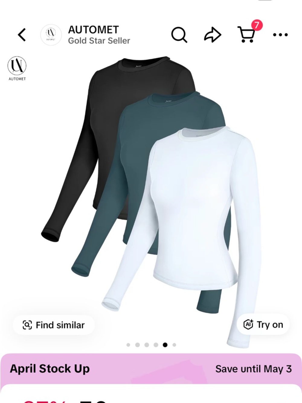 Automet Women’s Long Sleeve Crew T-Shirt - White, Black & Teal (3-Pack) Size M